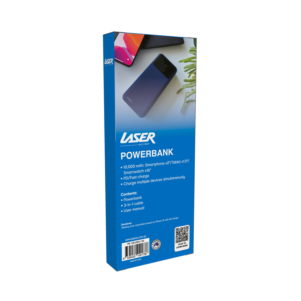Laser 10000mAh Powerbank 18W PD with LED Navy V1031-PB-10K24NA-736