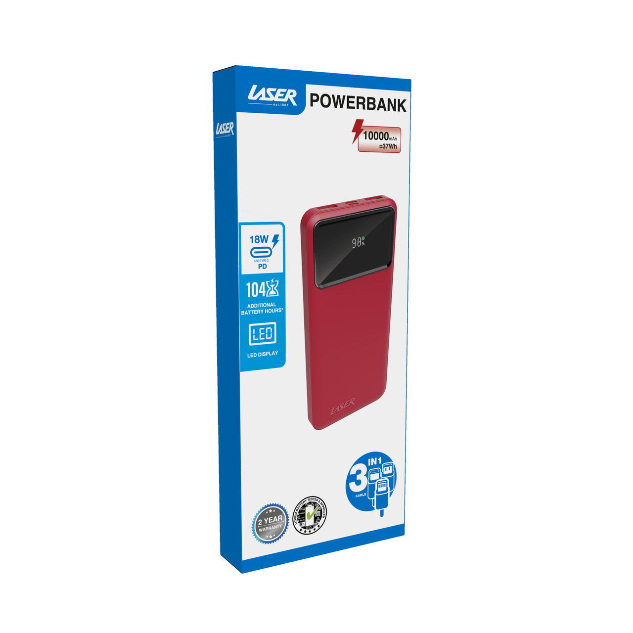 Laser 10000mAh Powerbank 18W PD with LED Indicator Red V1031-PB-10K24RD-729
