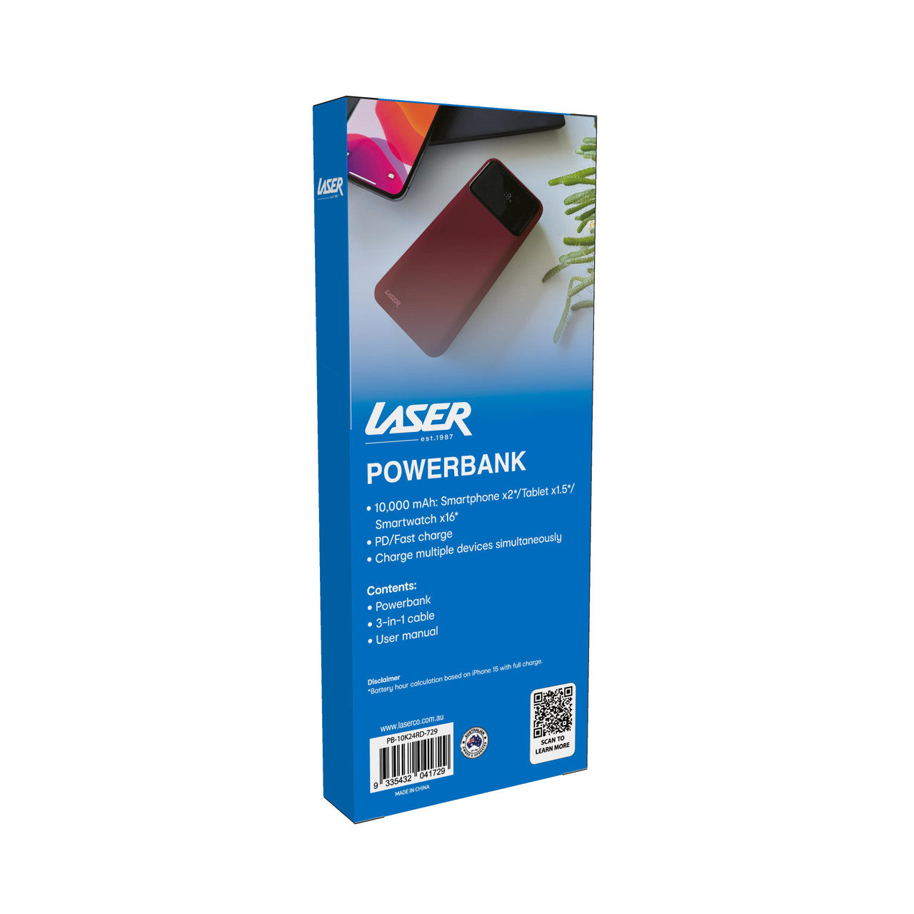 Laser 10000mAh Powerbank 18W PD with LED Indicator Red V1031-PB-10K24RD-729