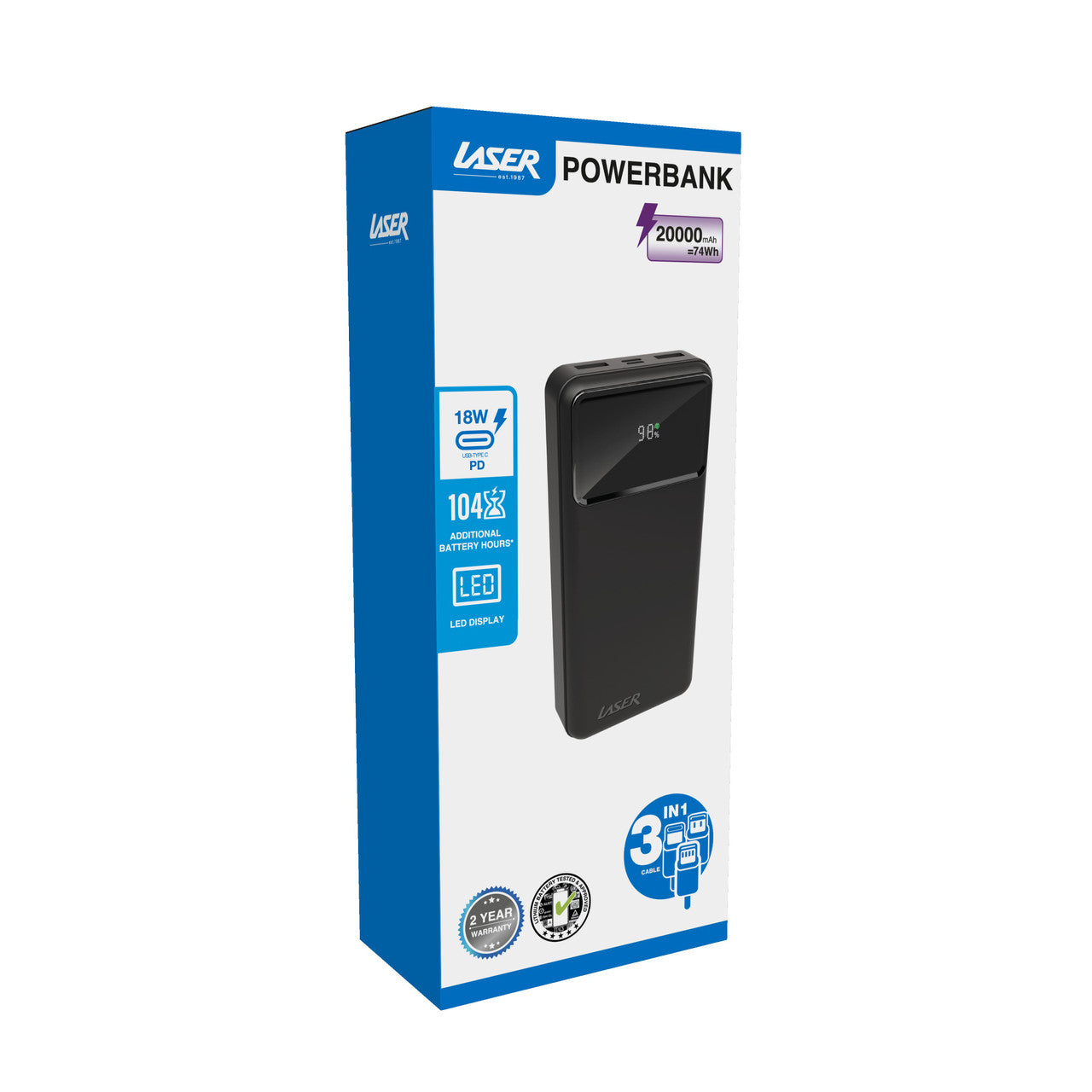 Laser 20000mAh Powerbank 18W PD with LED Black V1031-PB-20K24BK-743