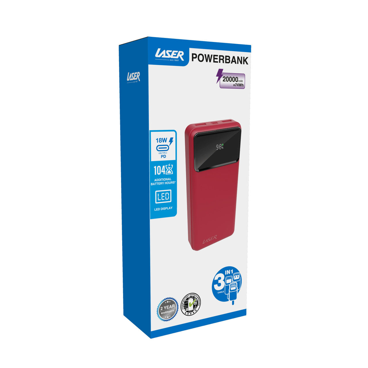 Laser 20000mAh Powerbank 18W PD with LED Red V1031-PB-20K24RD-750