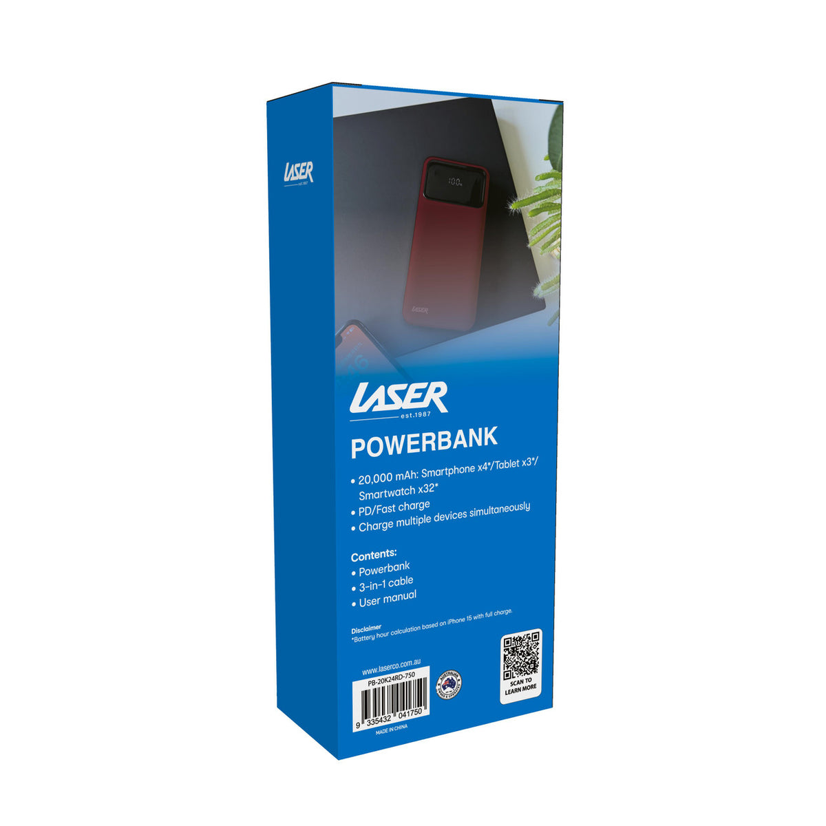 Laser 20000mAh Powerbank 18W PD with LED Red V1031-PB-20K24RD-750