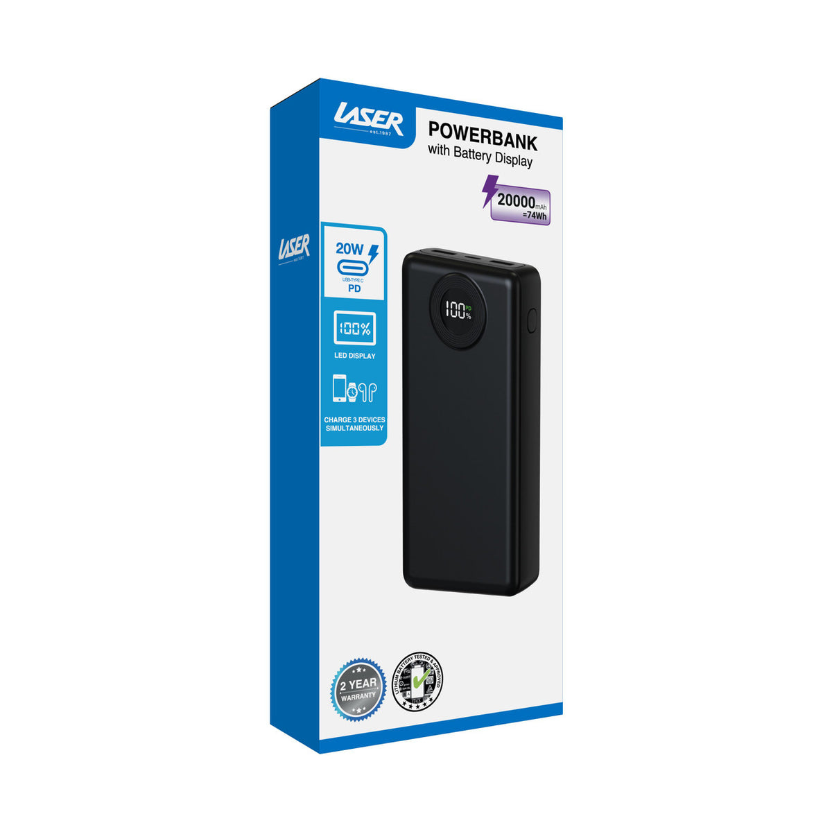 Laser 20000mAh Powerbank Battery Display Black V1031-PB-20K25BK-809