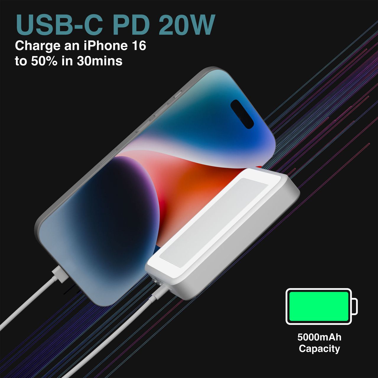Laser ChargeCore 5000mAh Selfie Powerbank - White V1031-PB-5MLED-129