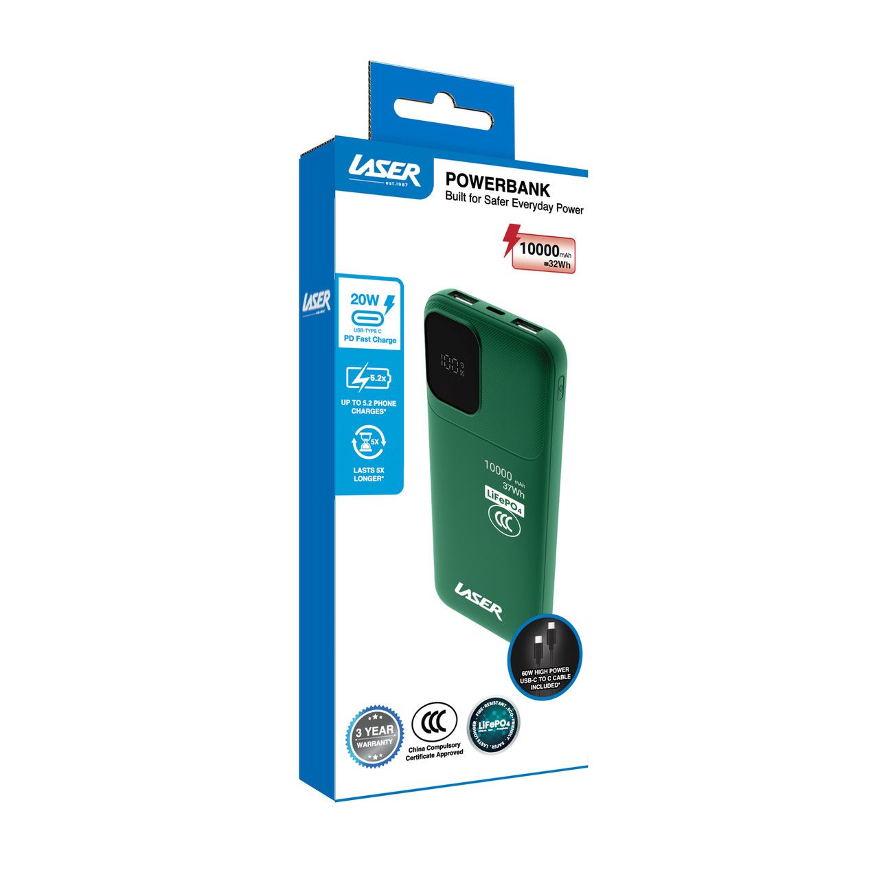 Laser 10000mAh LiFePO4 CCC Power Bank Deep Green