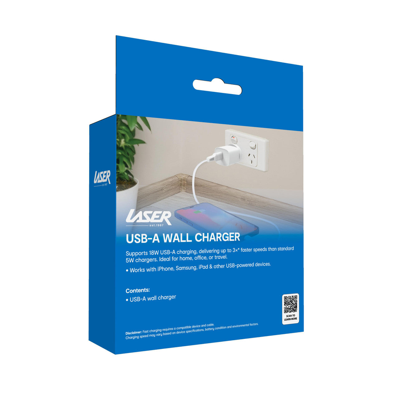 Laser USB-A 18W QC3 Wall Charger White V1031-PW-18WCA-713