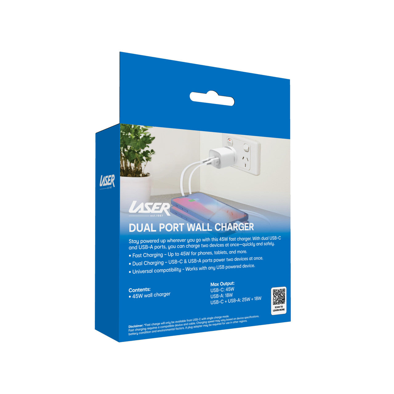 Laser Dual Port 45W USB Wall Charger White V1031-PW-45WAC-720