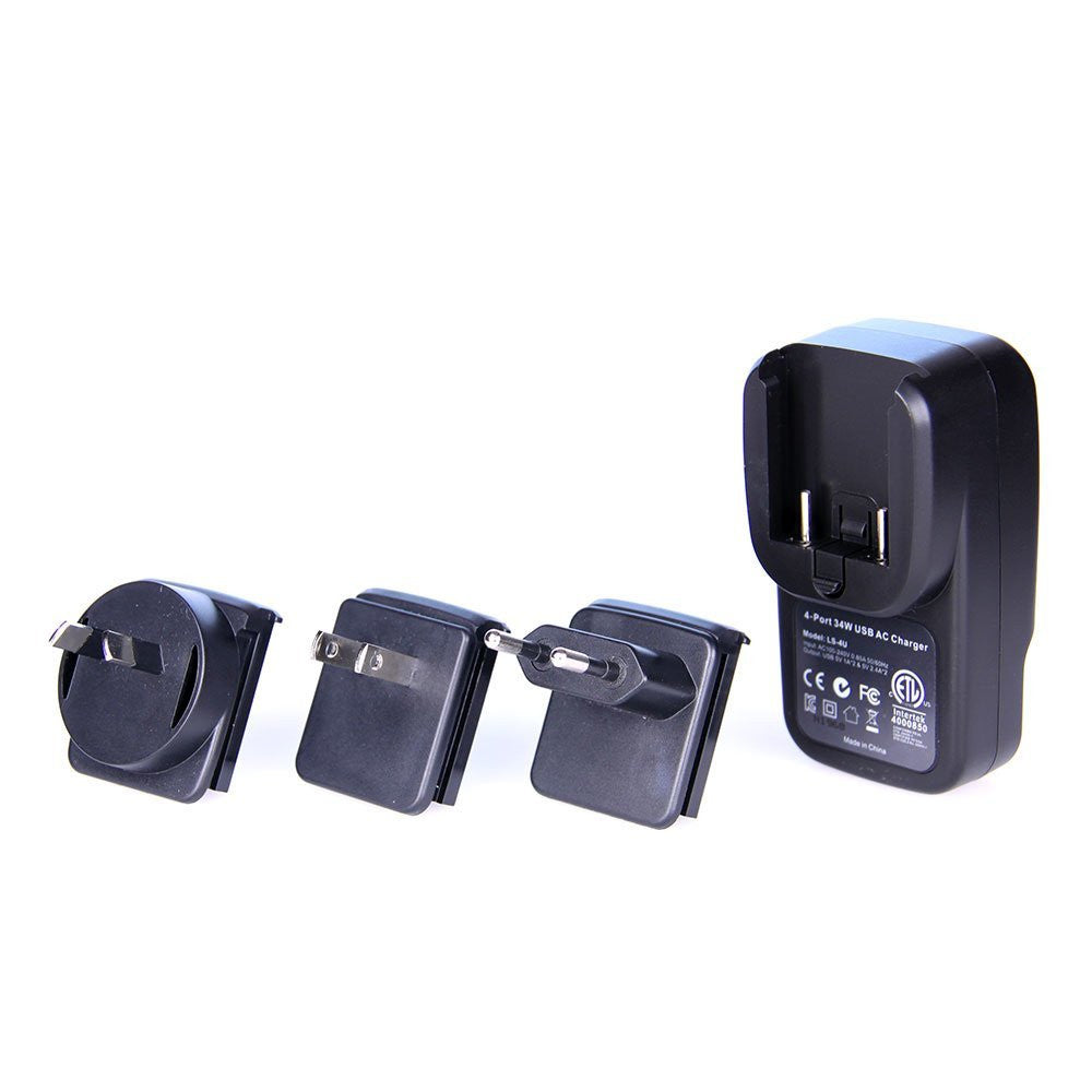 Laser 4-Port USB Travel Charger with Global Adapters V1031-PW-4TRAVEL