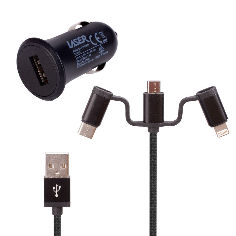 Laser USB Car Charger Black with 3-in-1 Cable: Micro USB, Type-C V1031-PW-UB243C-BLK