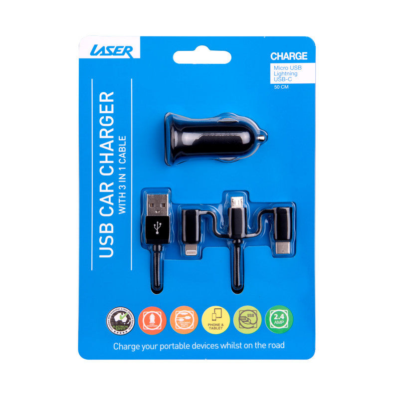 Laser USB Car Charger Black with 3-in-1 Cable: Micro USB, Type-C V1031-PW-UB243C-BLK