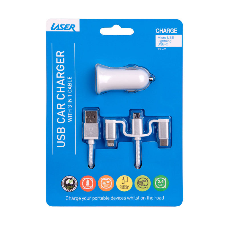Laser USB Car Charger with 3-in-1 Cable White V1031-PW-UB243C-WHT