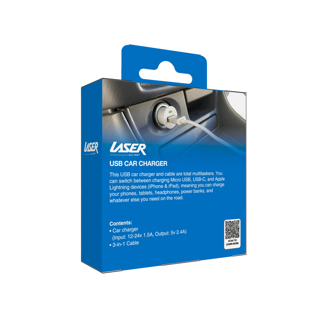 Laser USB Car Charger with 3-in-1 Cable White V1031-PW-UB243C-WHT