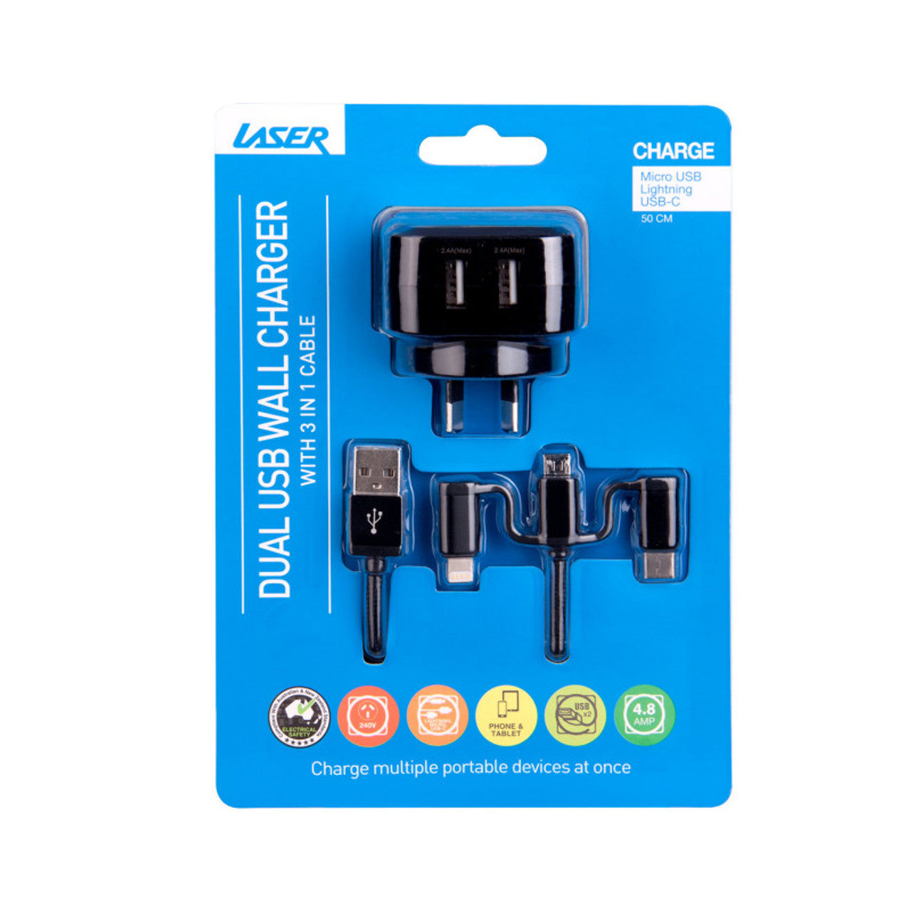 Laser Fast Charging Dual USB Wall Charger with 3 in 1 Cable - Black V1031-PW-UB483C-BLK