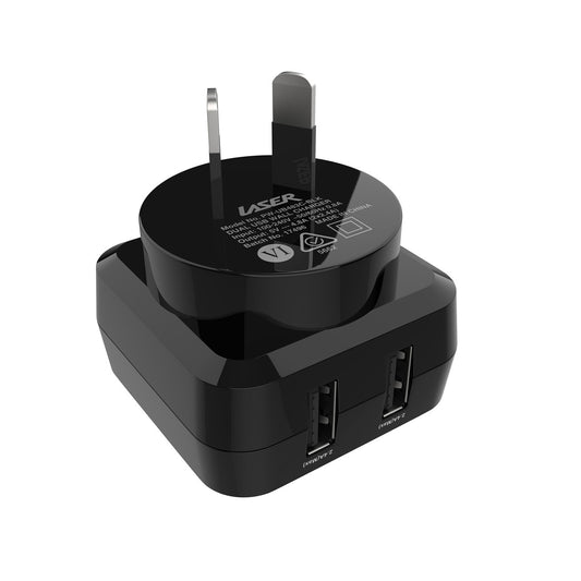 Laser Fast Charging Dual USB Wall Charger with 3 in 1 Cable - Black V1031-PW-UB483C-BLK