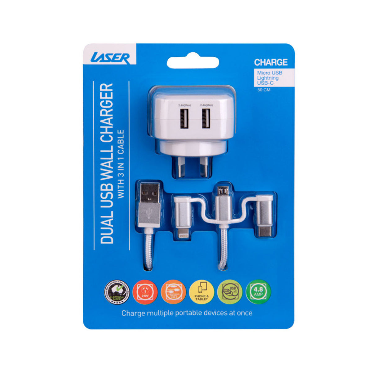 Laser Dual USB AC Charger 2.4A with 3-in-1 Cable White V1031-PW-UB483C-WHT