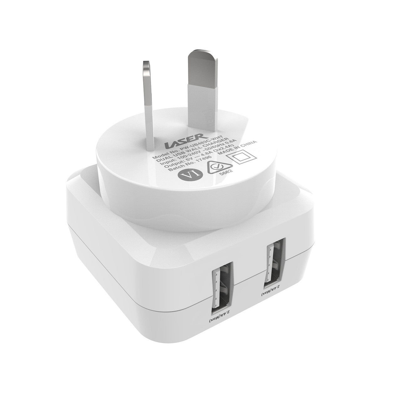 Laser Dual USB AC Charger 2.4A with 3-in-1 Cable White V1031-PW-UB483C-WHT