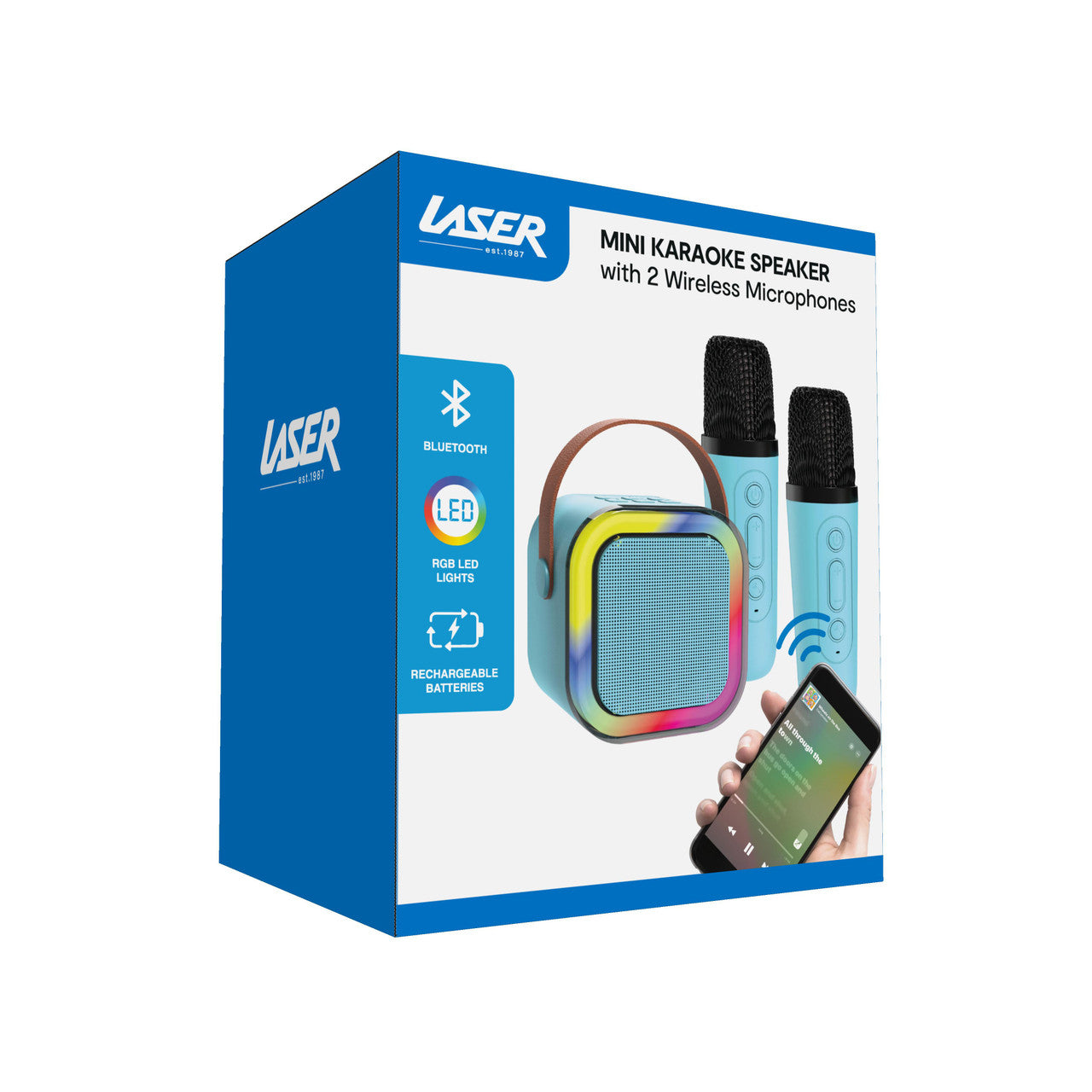 Laser Mini Karaoke Speaker with 2 Wireless Mics - Blue V1031-SP-KA10BL-549