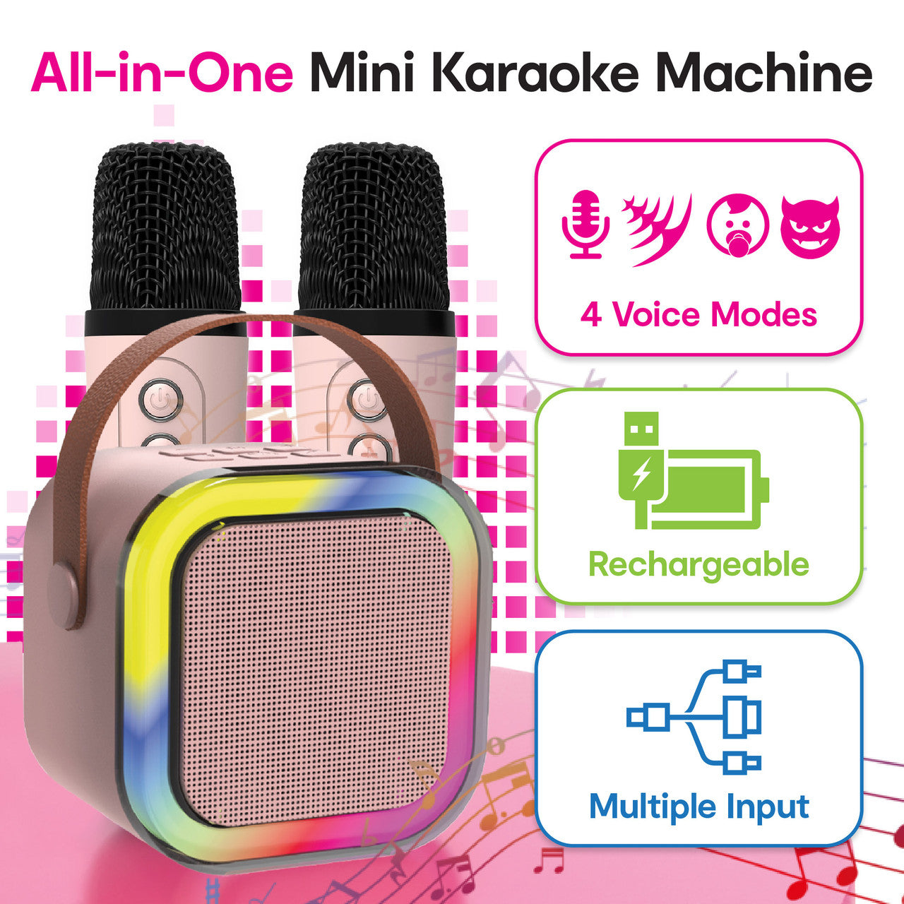 Laser Mini Karaoke Speaker with 2 Wireless Mics - Pink V1031-SP-KA10PK-556