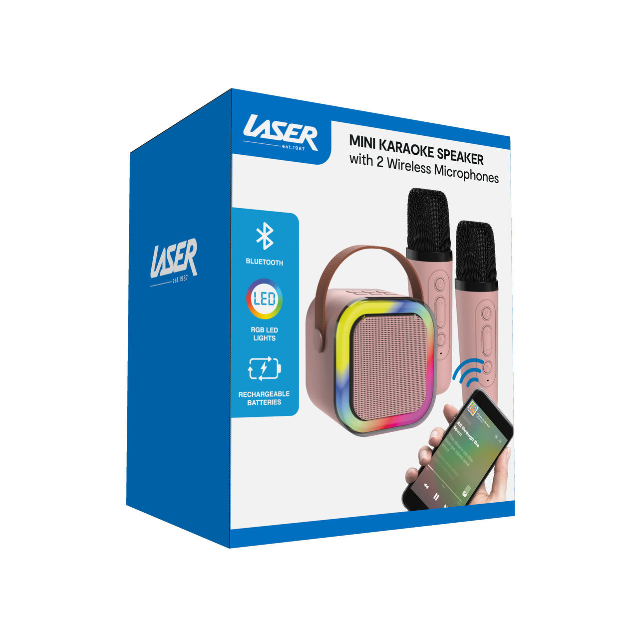 Laser Mini Karaoke Speaker with 2 Wireless Mics - Pink V1031-SP-KA10PK-556