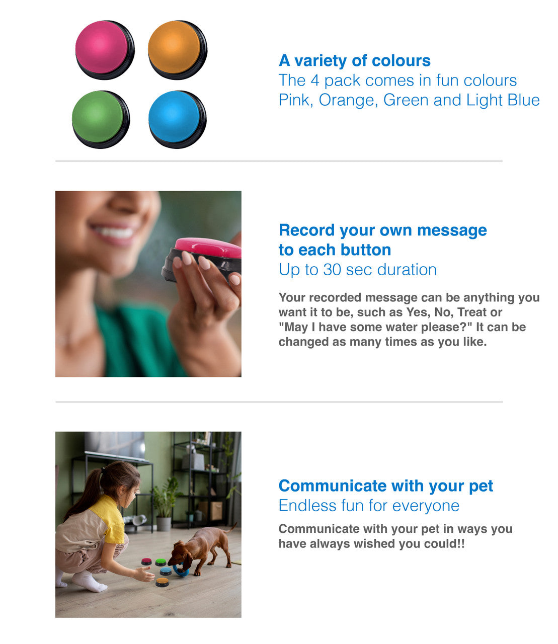 Tech4Pets 4-Pack Talking Buttons for Interactive Pet Communication V1031-T4P-TB4PK-722