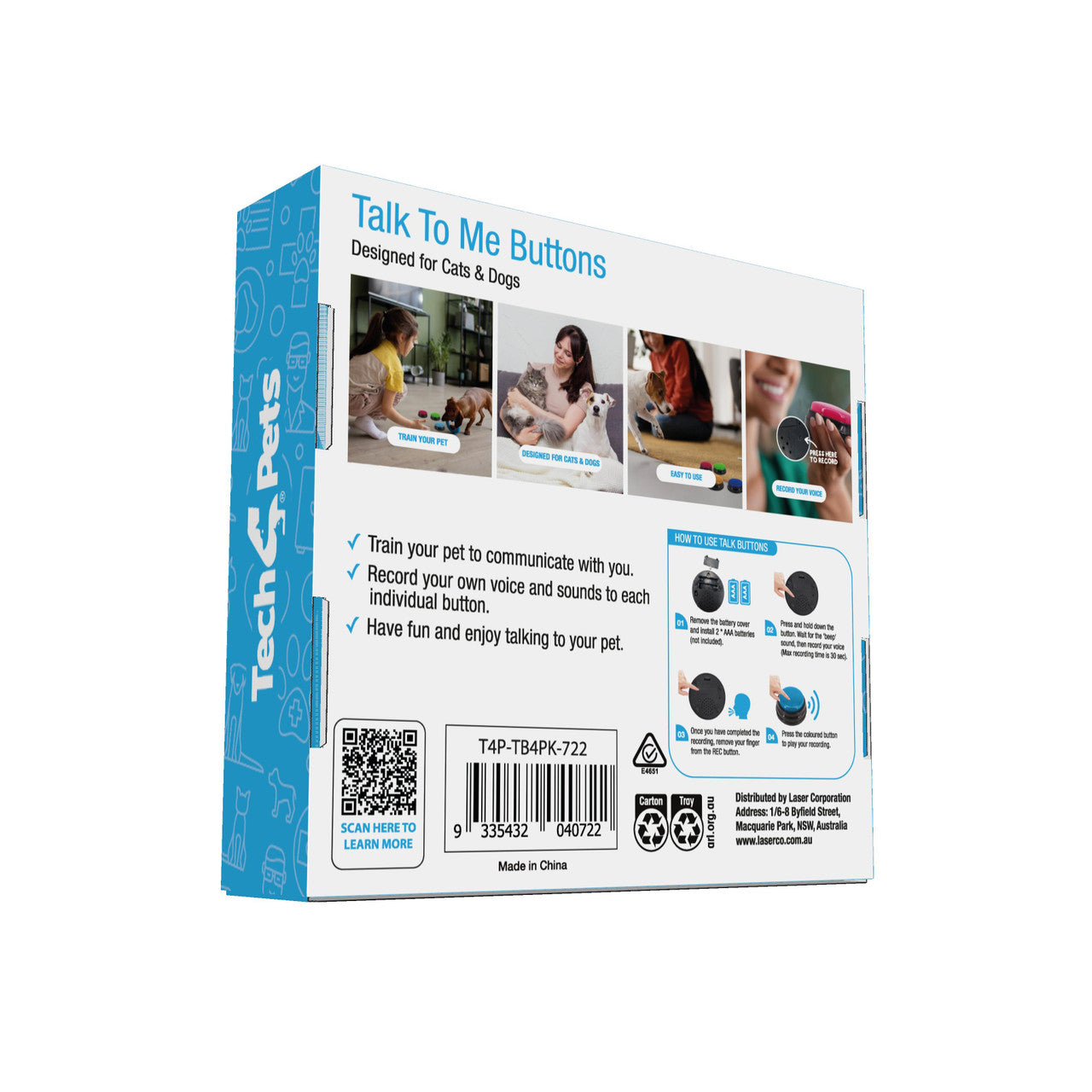 Tech4Pets 4-Pack Talking Buttons for Interactive Pet Communication V1031-T4P-TB4PK-722