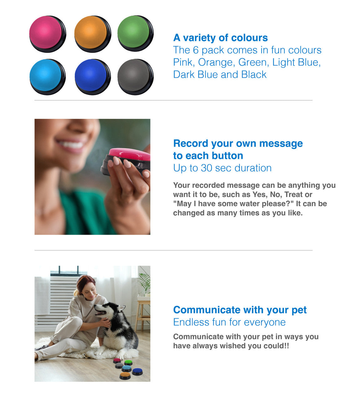 Tech4Pets 6-Pack Talking Buttons for Interactive Pet Communication V1031-T4P-TB6PK-739