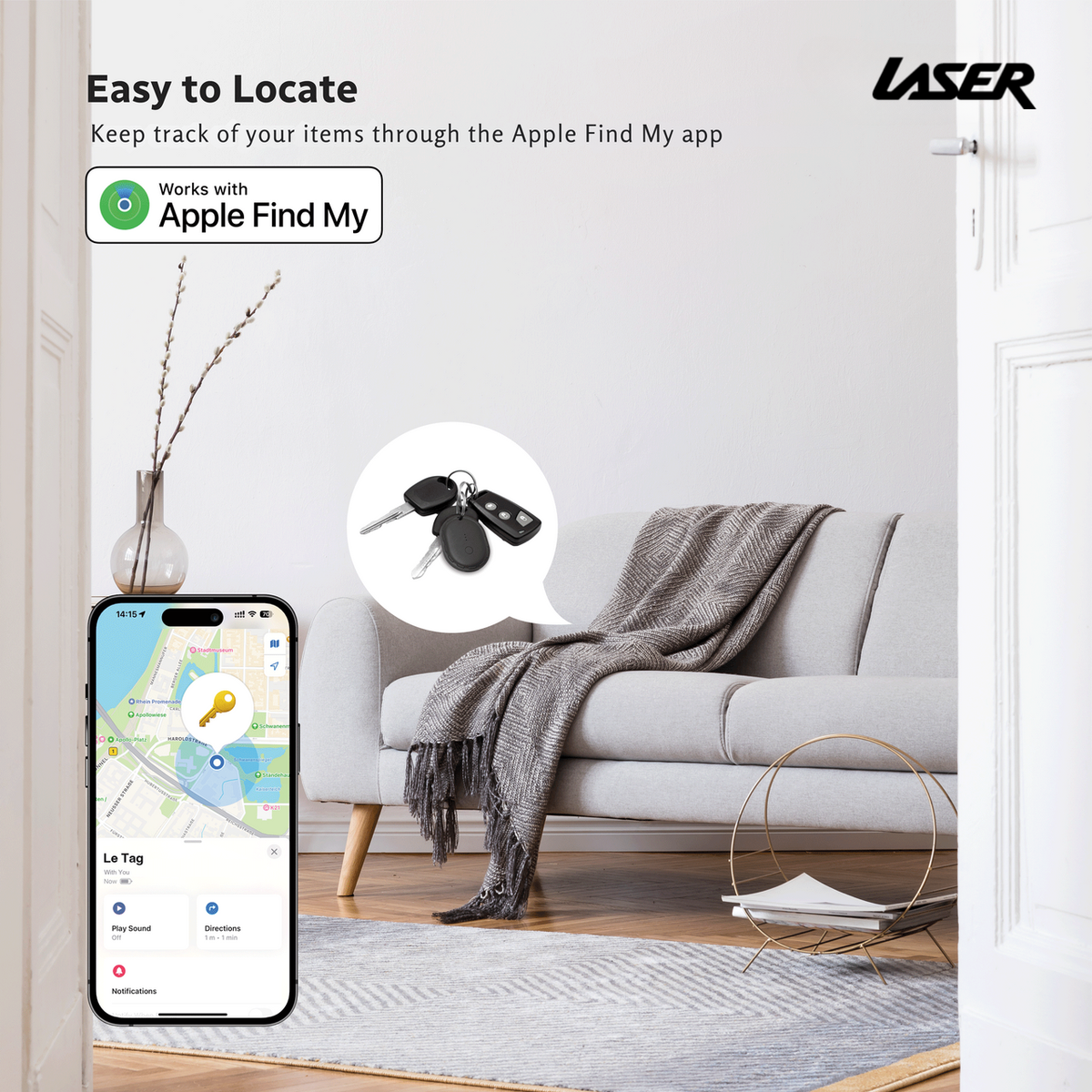 Laser Mini Smart Tag with Apple Find My Tracking Black V1031-TG-T135BK-627