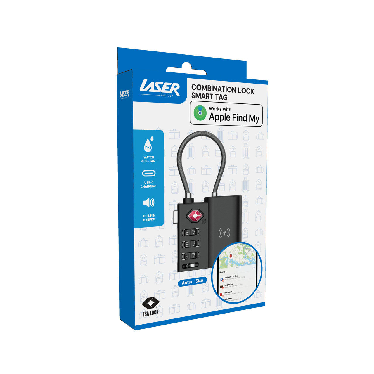 Laser TSA Lock Smart Tag with Rechargeable Battery Black V1031-TG-TSAT60-818