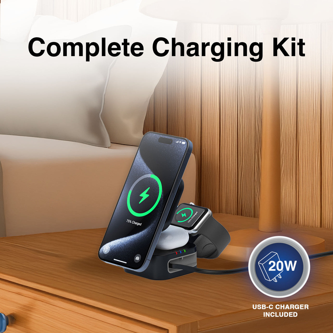 Laser 3 in 1 Foldable Wireless Charging Stand Black V1031-WC-FD20BK-908