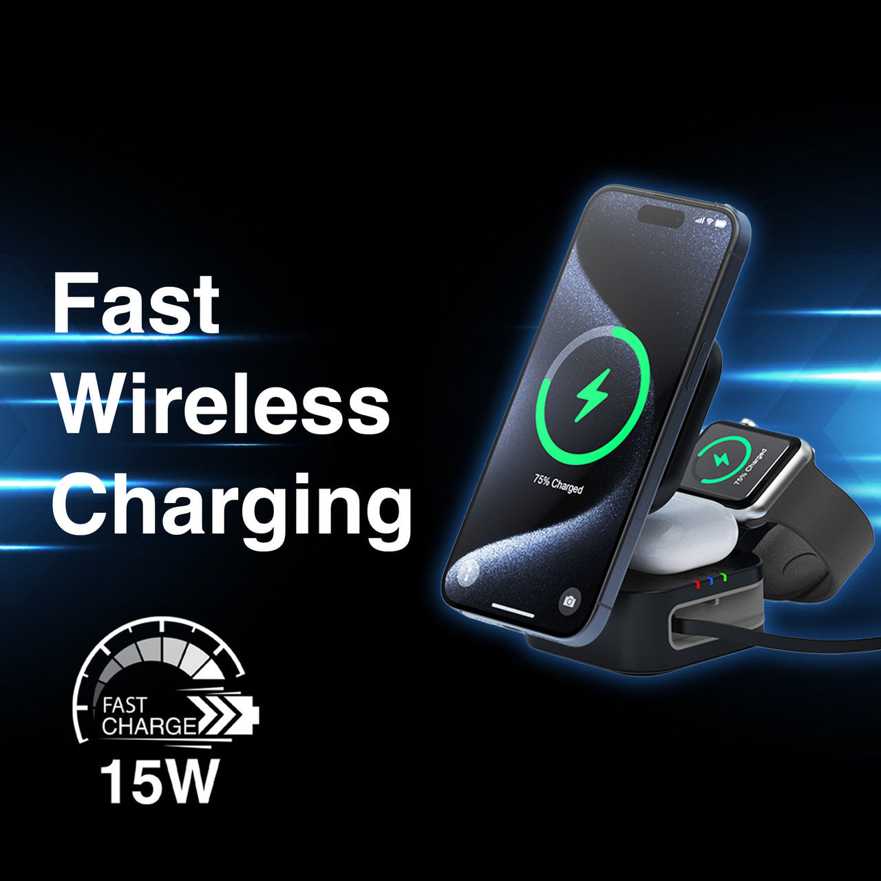 Laser 3 in 1 Foldable Wireless Charging Stand Black V1031-WC-FD20BK-908