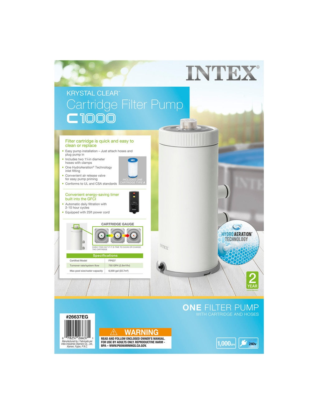 Intex C1000 Cartridge Filter Pump W/ GFCI 3785/h 26638 New Model for 2025 V1032-IXPUMP1000-26638