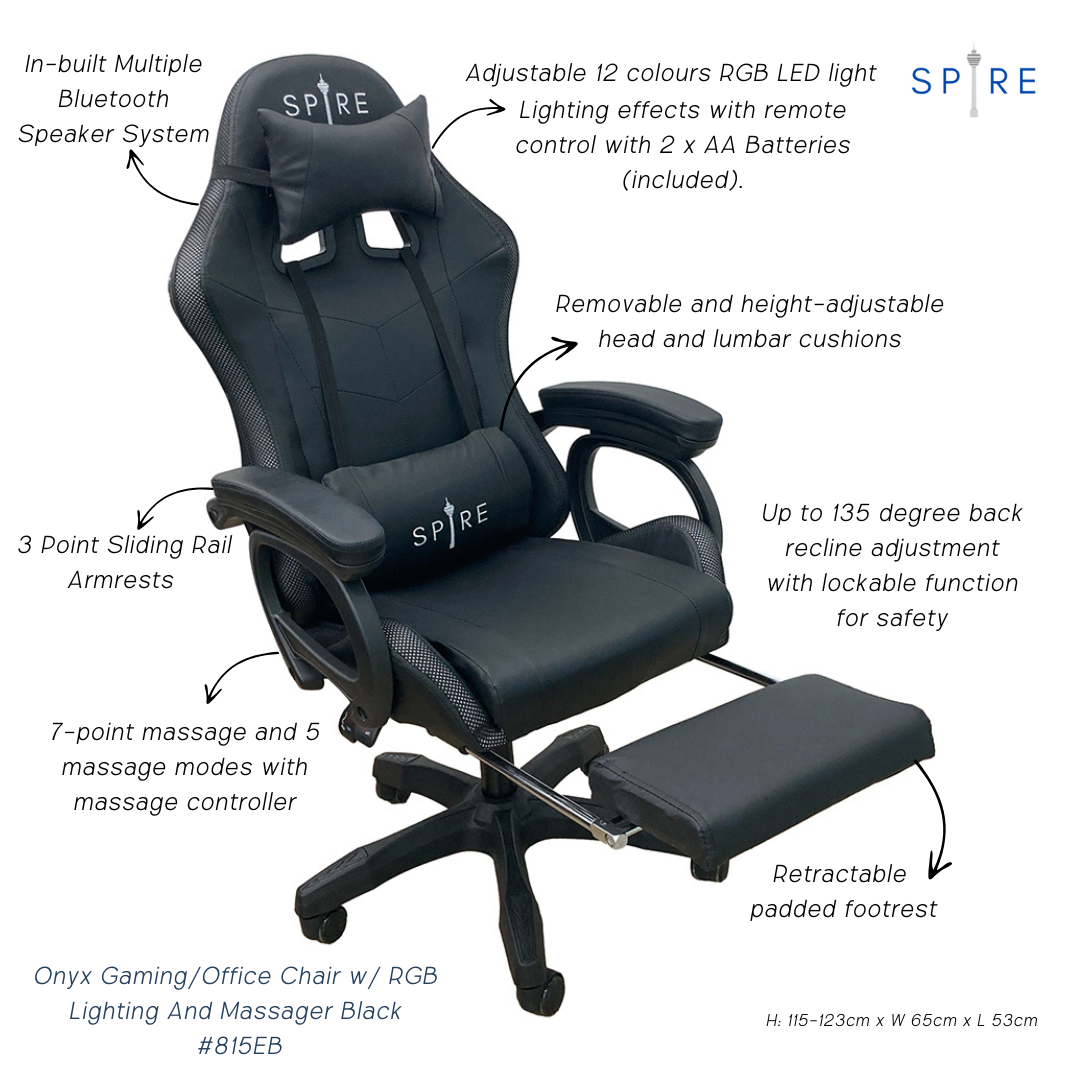 Spire Onyx Gaming/Office Chair w/ RGB Lighting And Massager Black 815EB V1032-SP-ONYXGAMINGCHAIR_815EB_B