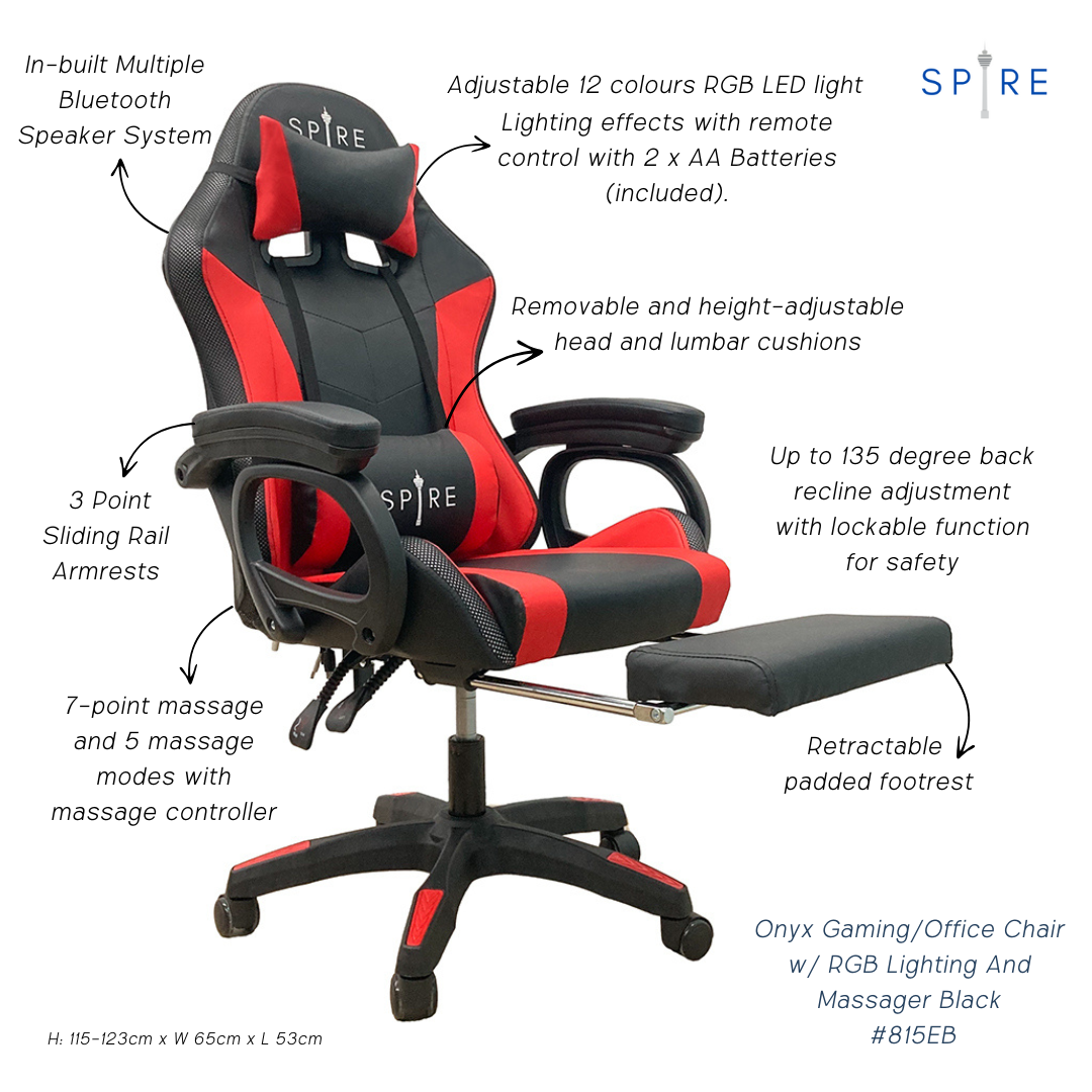 Spire Onyx Gaming/Office Chair w/ RGB Lighting And Massager Red And Black - 815ER V1032-SP-ONYXGAMINGCHAIR_815ER_RB