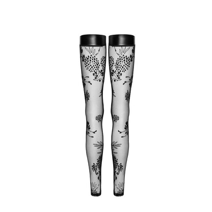 Noir Tulle Stockings W Patterned Flock Embroidery & Power Wetlook Band - Black - Large V1055-7IR45903100035