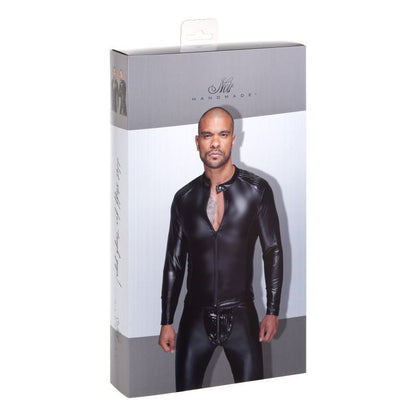 Noir Power Wetlook Mens Jacket Pleated Pvc Epaulets Black V1055-7IR45903100048