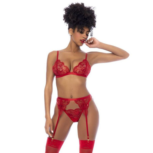 Red 3 Pc Set w/ Bralette Garter Belt and Thong V1055-7JB45905100042