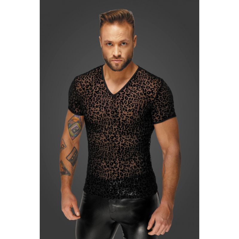 Noir Leopard Flock V Neck T Shirt V1055-7ZT45891100162
