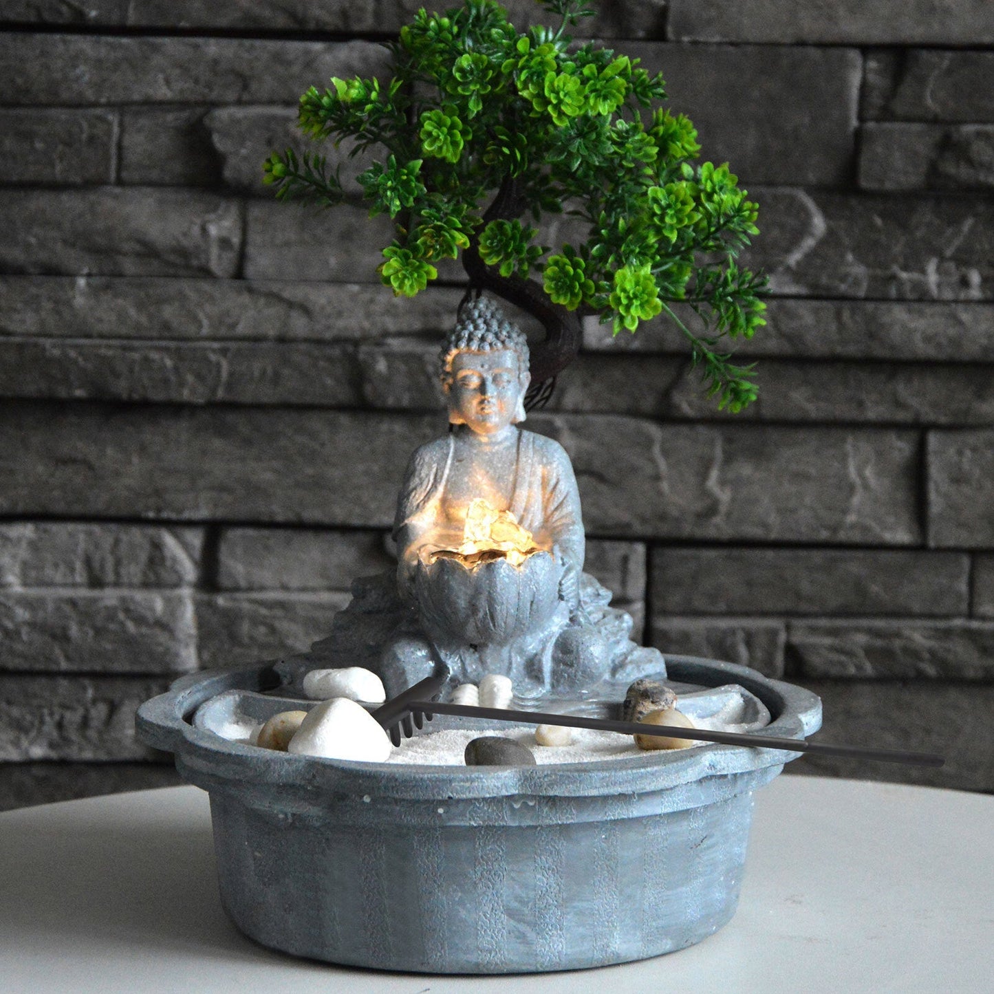 Samland JAPANESE MINIATURE ZEN BONSAI GARDEN WITH BUDDHA WATER FOUNTAIN V1060-BNS01