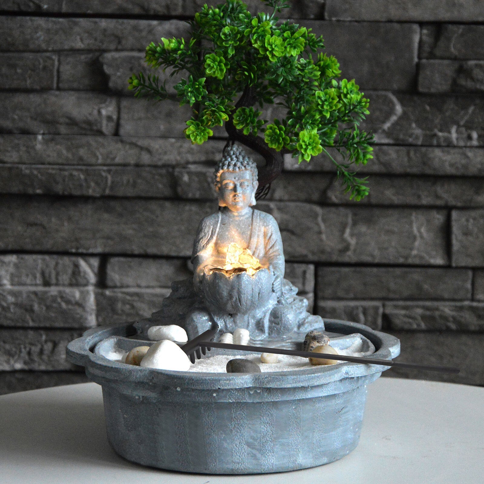 Samland JAPANESE MINIATURE ZEN BONSAI GARDEN WITH BUDDHA WATER FOUNTAIN V1060-BNS01