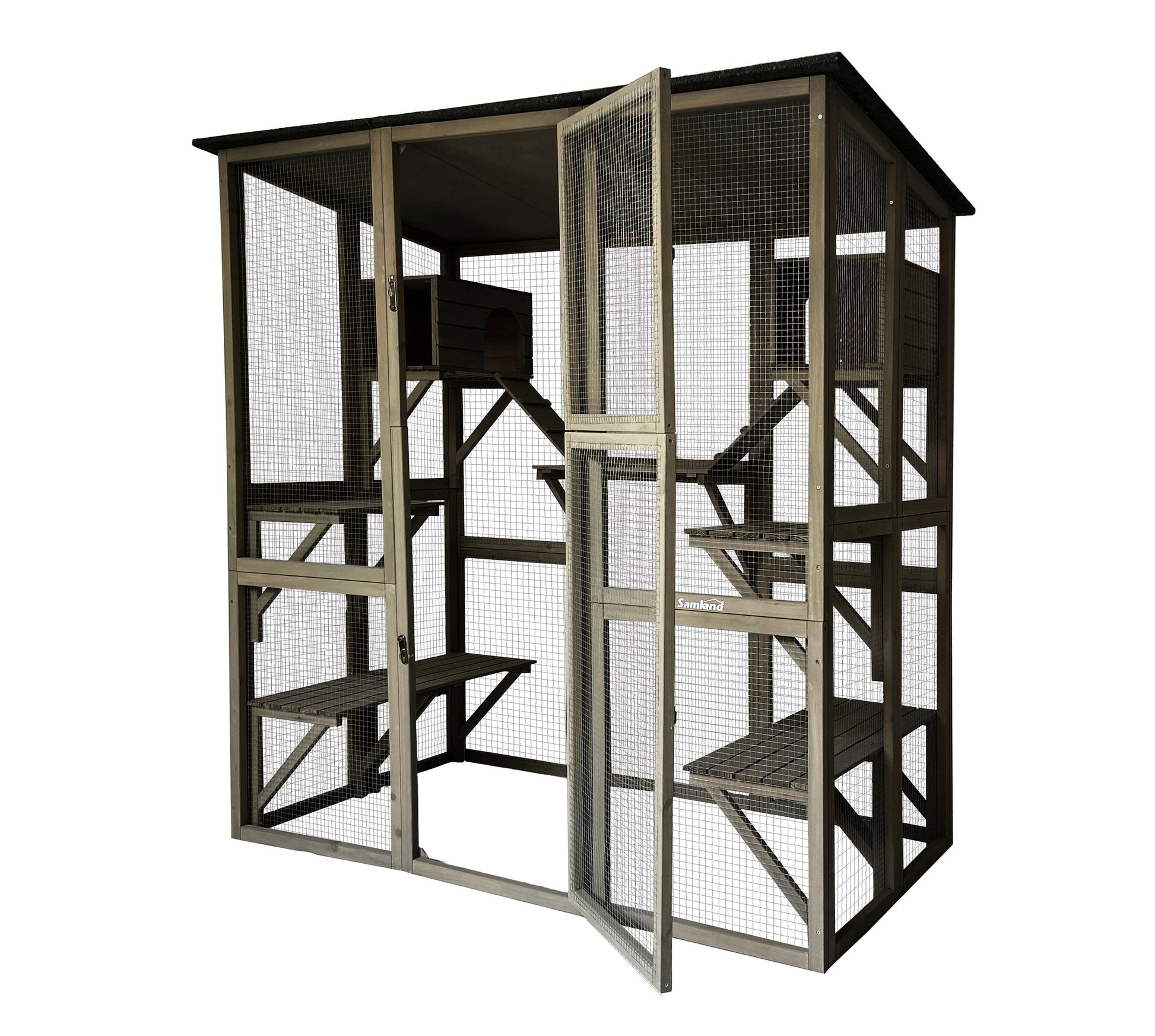 Samland Wooden Cat Cage Walk in Cat Condo House Kitten Ferret Enclosure Cage V1060-DCT2413
