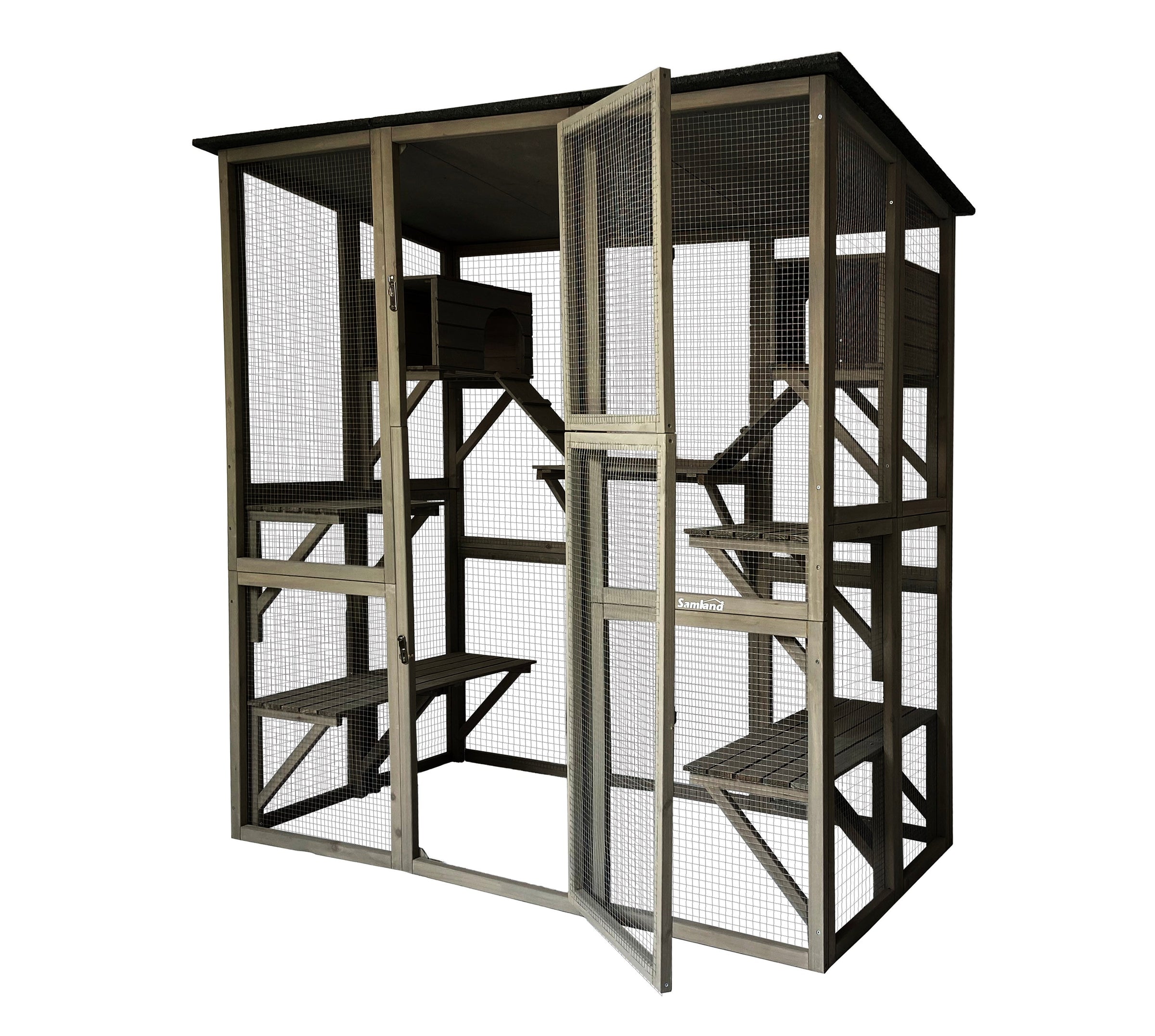 Samland Wooden Cat Cage Walk in Cat Condo House Kitten Ferret Enclosure Cage V1060-DCT2413