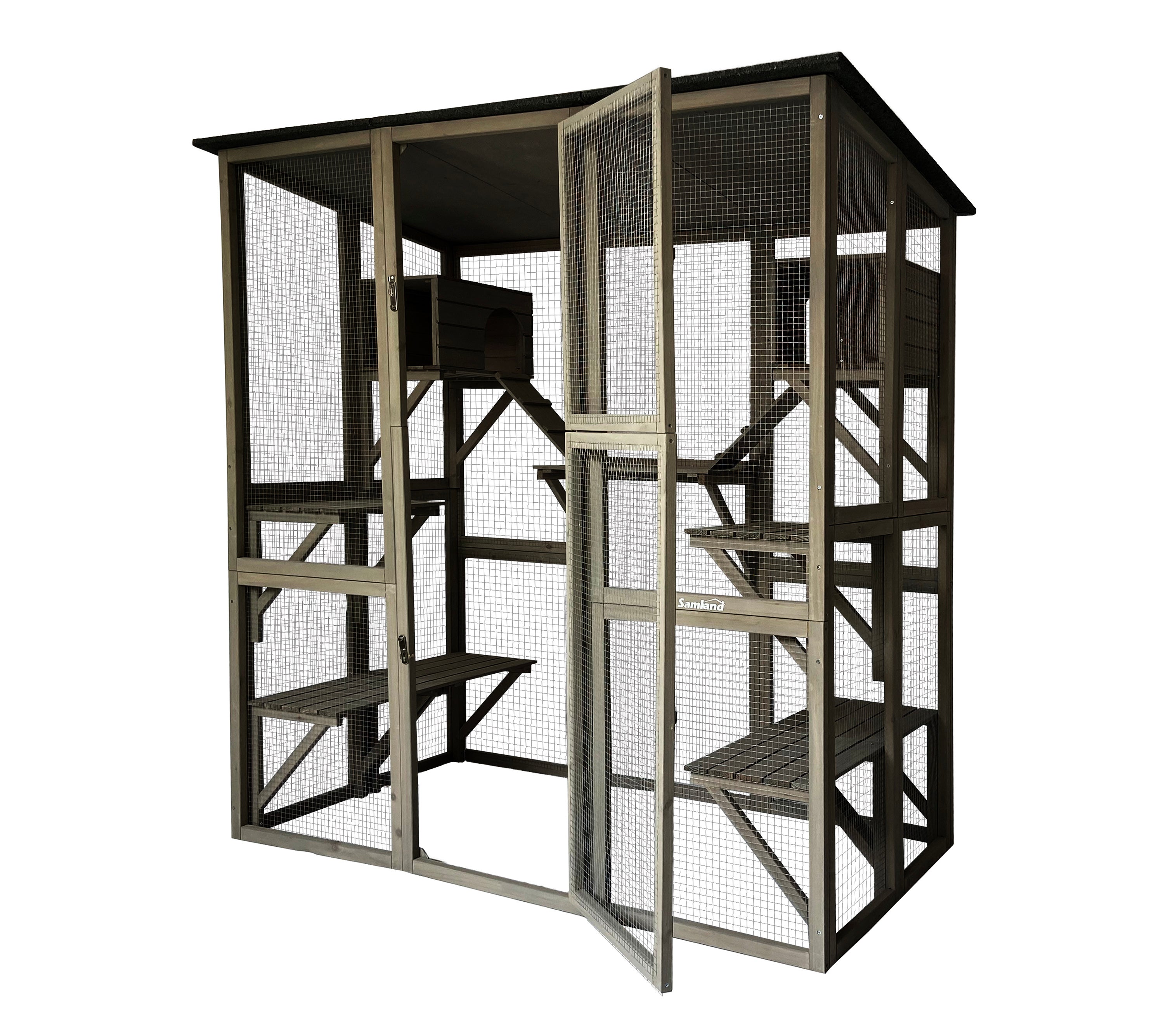 Samland Wooden Cat Cage Walk in Cat Condo House Kitten Ferret Enclosure Cage V1060-DCT2413
