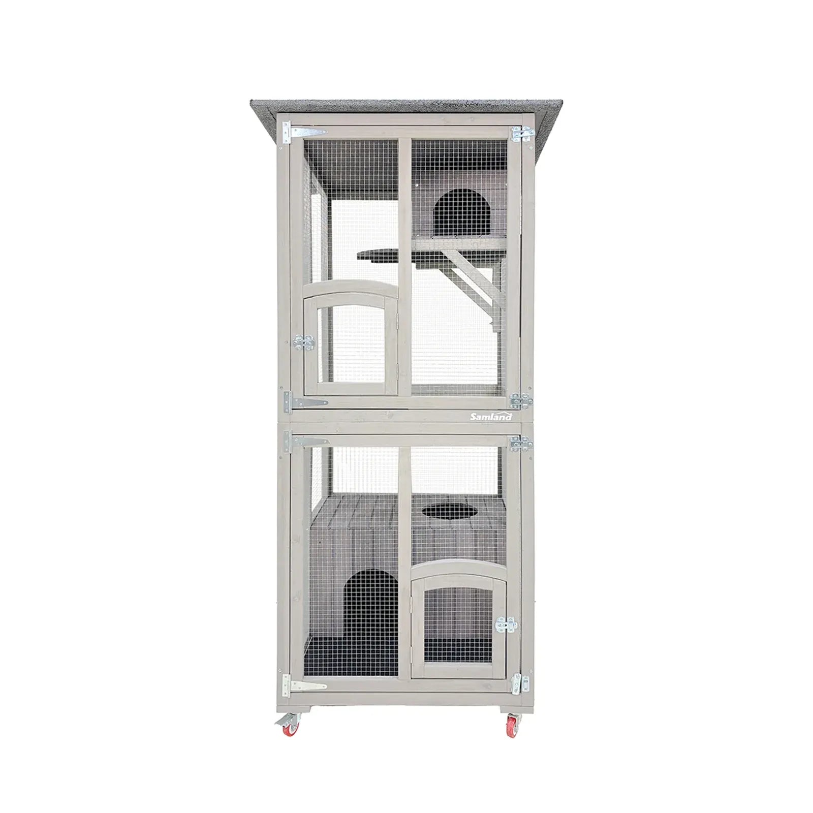 Samland Outdoor Wooden Cat Enclosure Catio with Wheels, Double Cat Houses & Roof