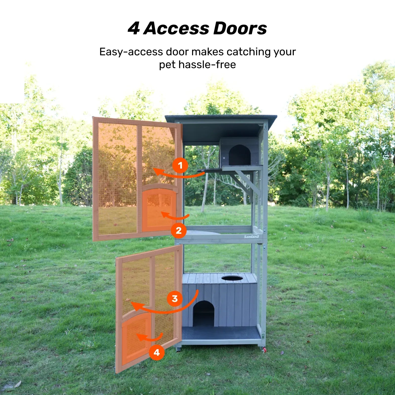 Samland Outdoor Wooden Cat Enclosure Catio with Wheels, Double Cat Houses & Roof