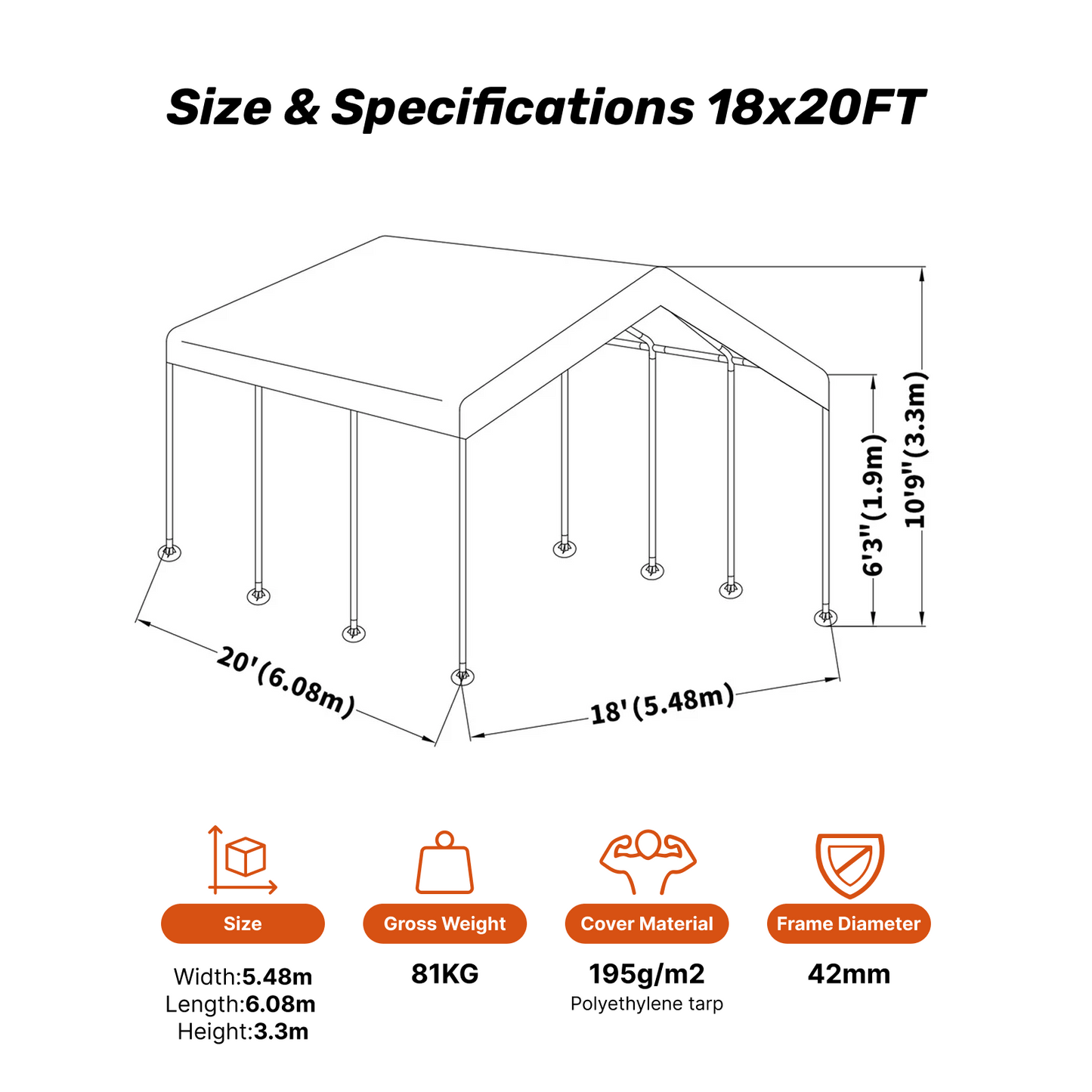 Samland Portable Carport Garage Shelter Canopy Double Size 18x20FT V1060-PGD1386A+B+C