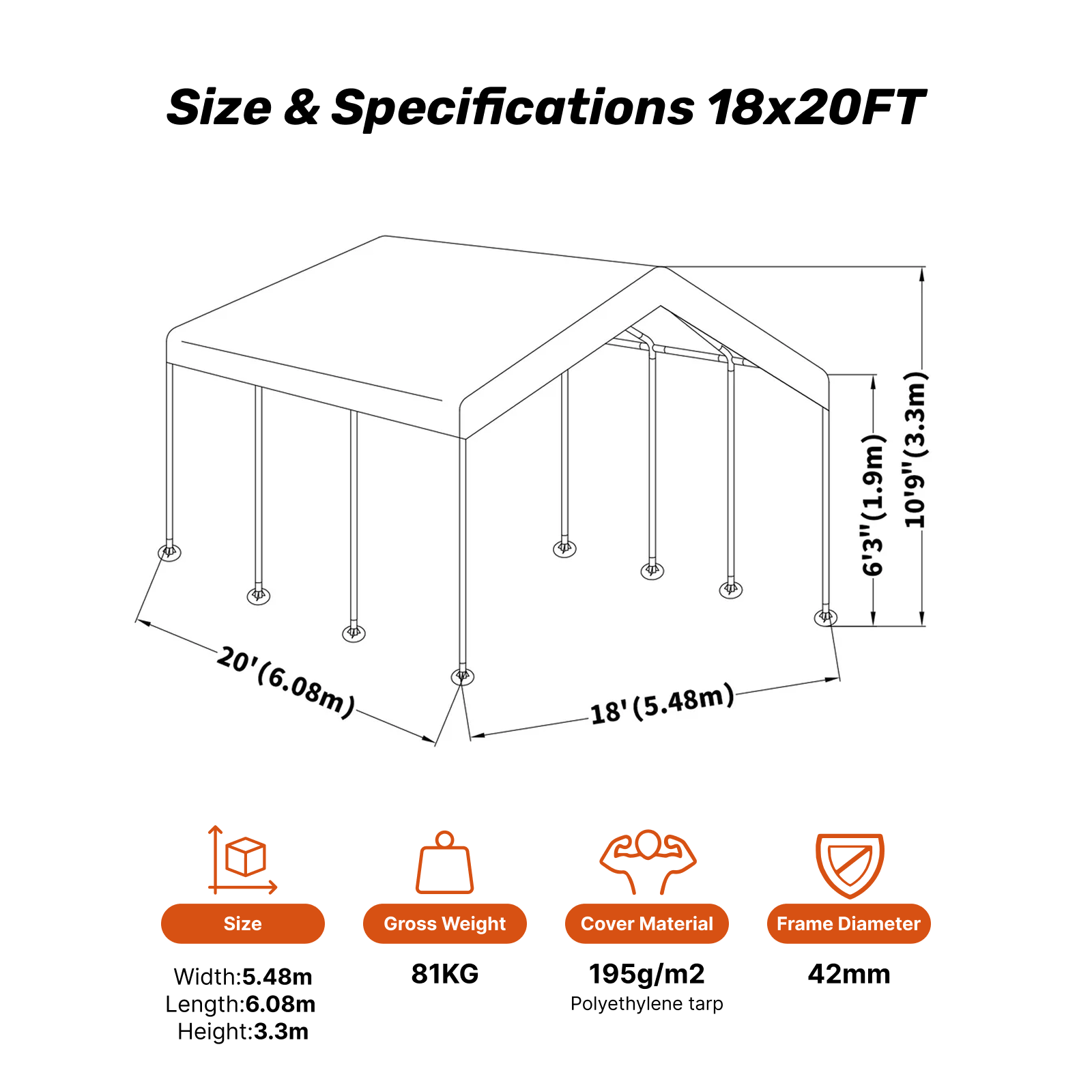 Samland Portable Carport Garage Shelter Canopy Double Size 18x20FT V1060-PGD1386A+B+C
