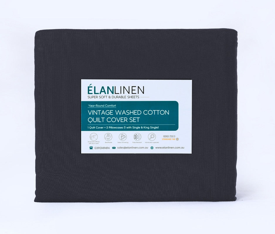 Elan Linen 100% Egyptian Cotton Vintage Washed 500TC Charcoal 50 cm Deep Mega King Bed Sheets Set V107-MKBCHRSS