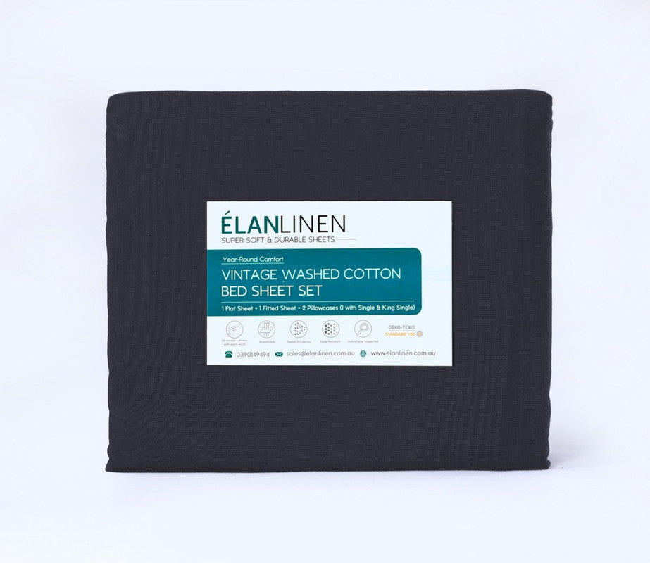 Elan Linen 100% Egyptian Cotton Vintage Washed 500TC Charcoal 50 cm Deep Mega King Bed Sheets Set V107-MKBCHRSS