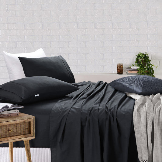 Elan Linen 100% Egyptian Cotton Vintage Washed 500TC Charcoal Single Bed Sheets Set V107-SBCHRSS