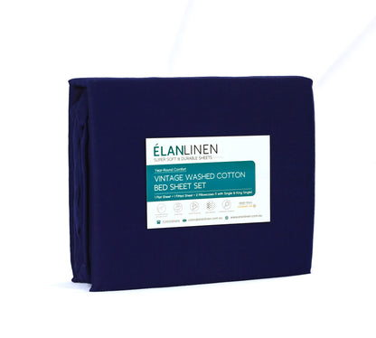 Elan Linen 100% Egyptian Cotton Vintage Washed 500TC Navy Blue Single Bed Sheets Set V107-SBNBLSS